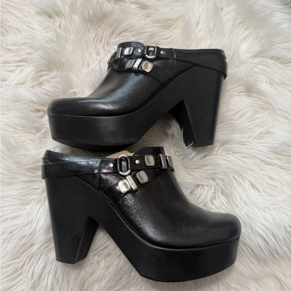 Bernardo Black Leather Slip-On Clog Mules with Silver Stud Trim